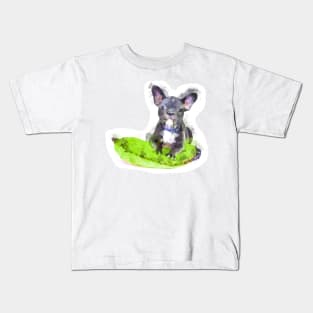 Cute Black And White Bulldog Puppy On A Green Cusion Digital Portrait Kids T-Shirt